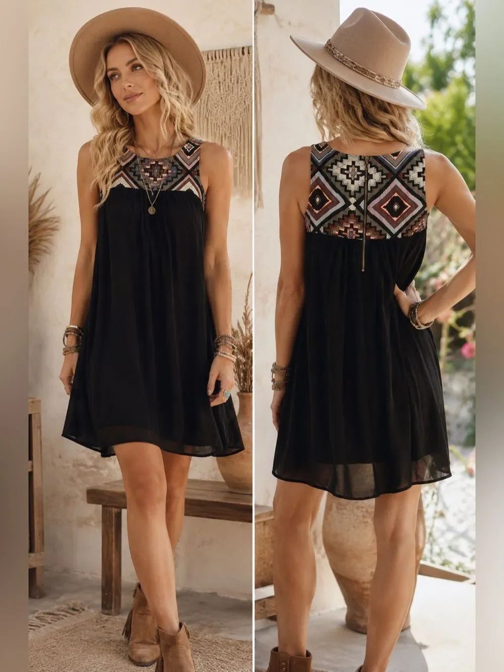 Anthropologie Braeve Black Mini Dress with Multicolor Geometric Yoke